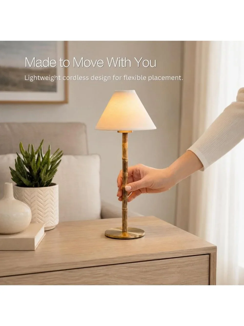 Rechargeable Bamboo Cordless LED Table Lamp - Dimmable Warm Light, Portable